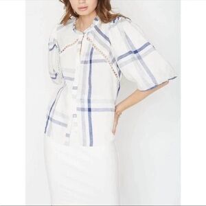 Caballero White Blue Plaid Celleste Linen Peasant Blouse Womens Size XS Preppy